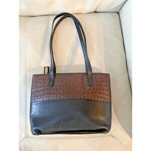 Vintage Brahmin Leather Tote Shoulder Bag Gator/Croc Trim Medium Brown Black